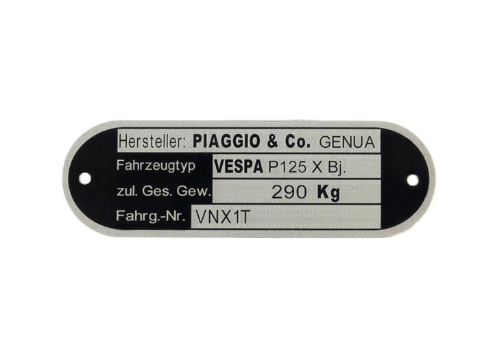 Pelat tipe -KUALITAS OEM- Vespa Piaggio & Co Genoa (80x25x0,5mm) - Vespa P125 X VNX1T