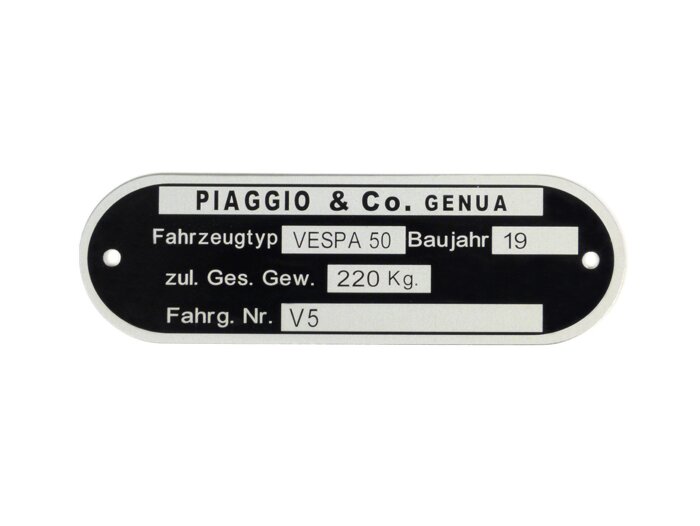 Pelat tipe -KUALITAS OEM- Vespa Piaggio & Co Genoa (80x25x0,5mm) - Vespa 50 V5