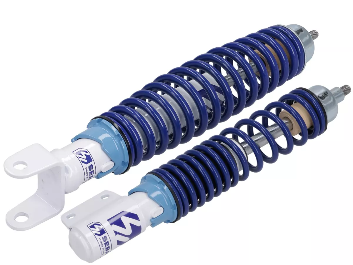 Shock absorber set front+rear -SEBAC Sport- Vespa PX, T5, Motovespa PX Iris, T5 125 Sport, 125 CL, 150 CL, 200 DN and 200 DS, LML Star/Stella - blue/white