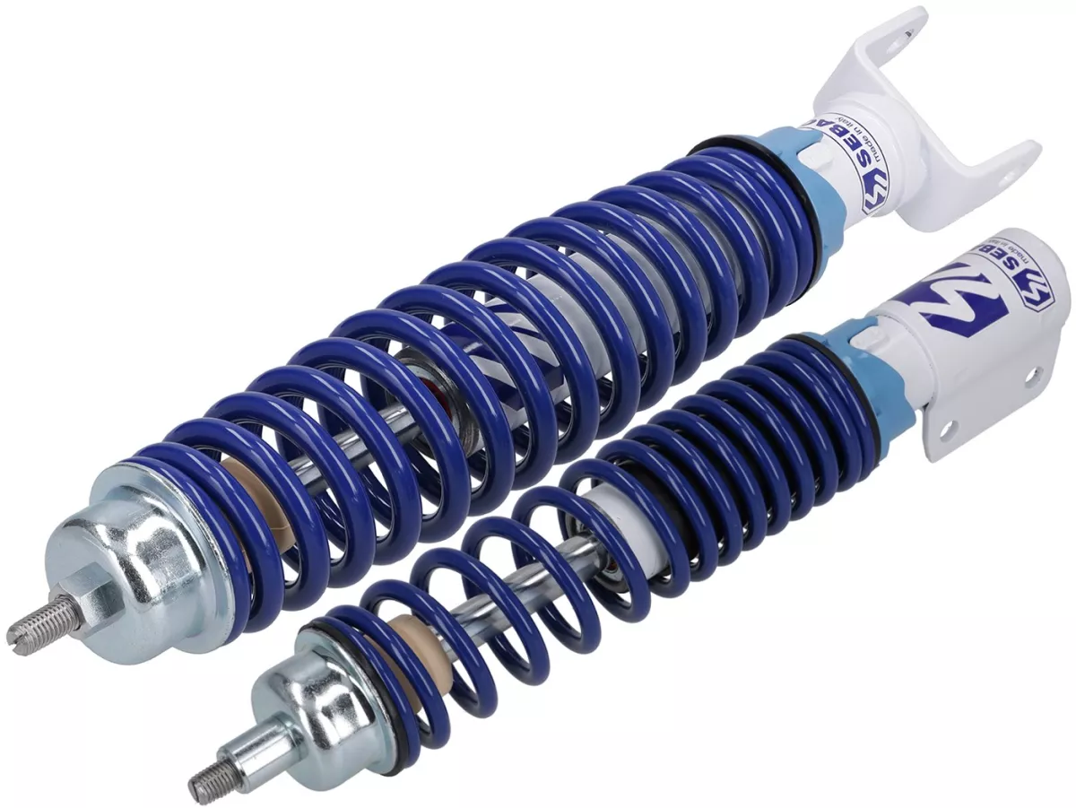 Shock absorber set front+rear -SEBAC Sport- Vespa PX, T5, Motovespa PX Iris, T5 125 Sport, 125 CL, 150 CL, 200 DN and 200 DS, LML Star/Stella - blue/white