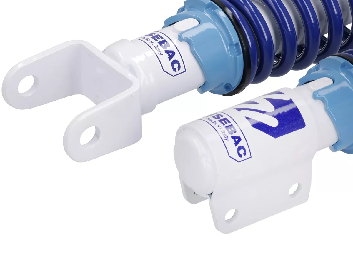 Shock absorber set front+rear -SEBAC Sport- Vespa PX, T5, Motovespa PX Iris, T5 125 Sport, 125 CL, 150 CL, 200 DN and 200 DS, LML Star/Stella - blue/white