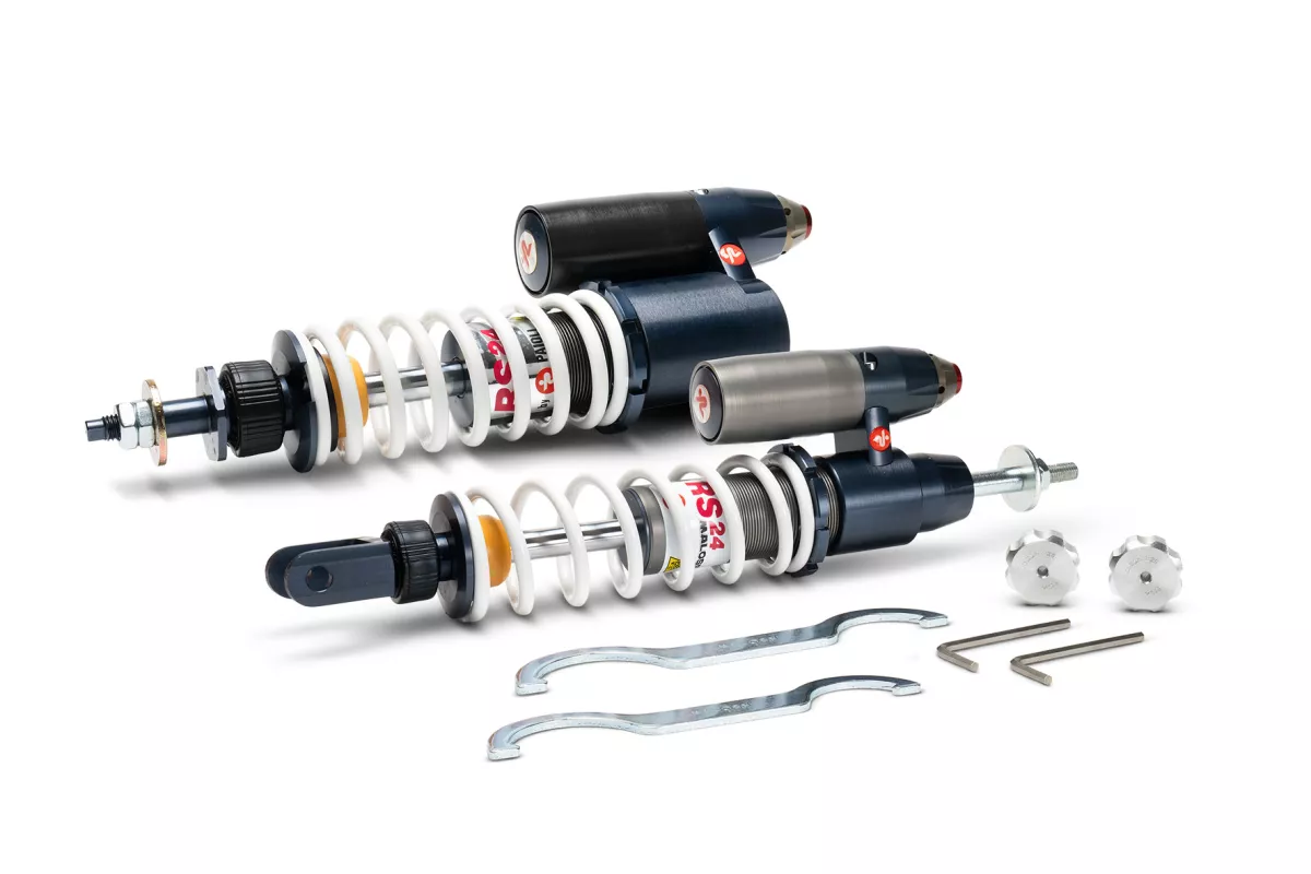 Set peredam kejut depan + belakang -MALOSSI- RS24/10-R, 180+290mm - Vespa LX 50, S 50, ET2 50, Piaggio Quartz, Zip SP, Sfera 50, Sfera80, Sfera RST 50, SKR 125, SKR150