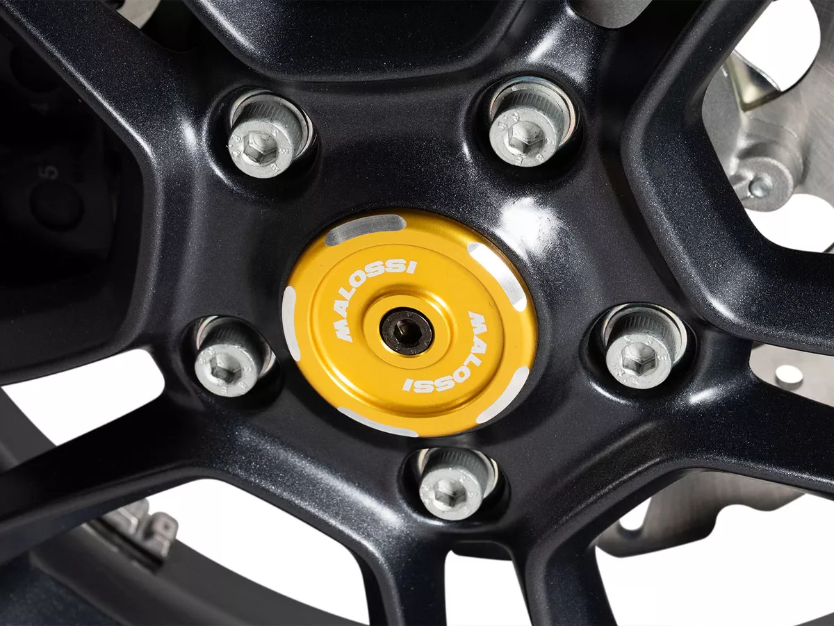 Cache écrou de roue / tambour de frein Ø=35mm Malossi, jaune pour Vespa Primavera, Sprint, GTS, GTV, GT, GTL, LX, S, LXV