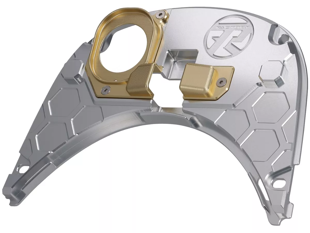 Tanklock TR Factory CNC, silver / guld för Vespa Primavera, Sprint 125-150cc