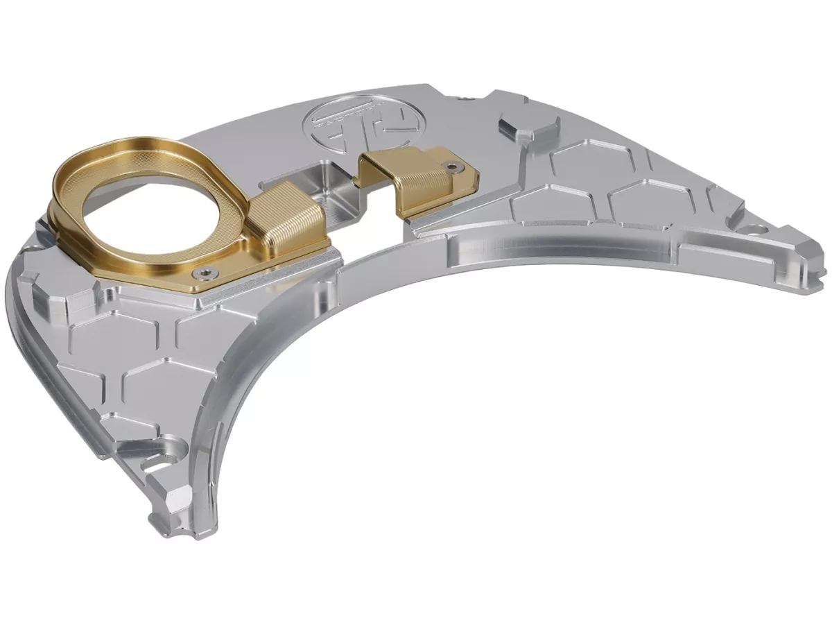 Tanklock TR Factory CNC, silver / guld för Vespa Primavera, Sprint 125-150cc