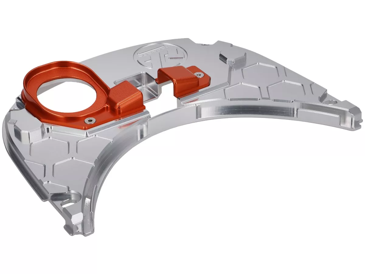 Cubredepósito TR Factory CNC, plata / naranja para Vespa Primavera, Sprint 125-150cc