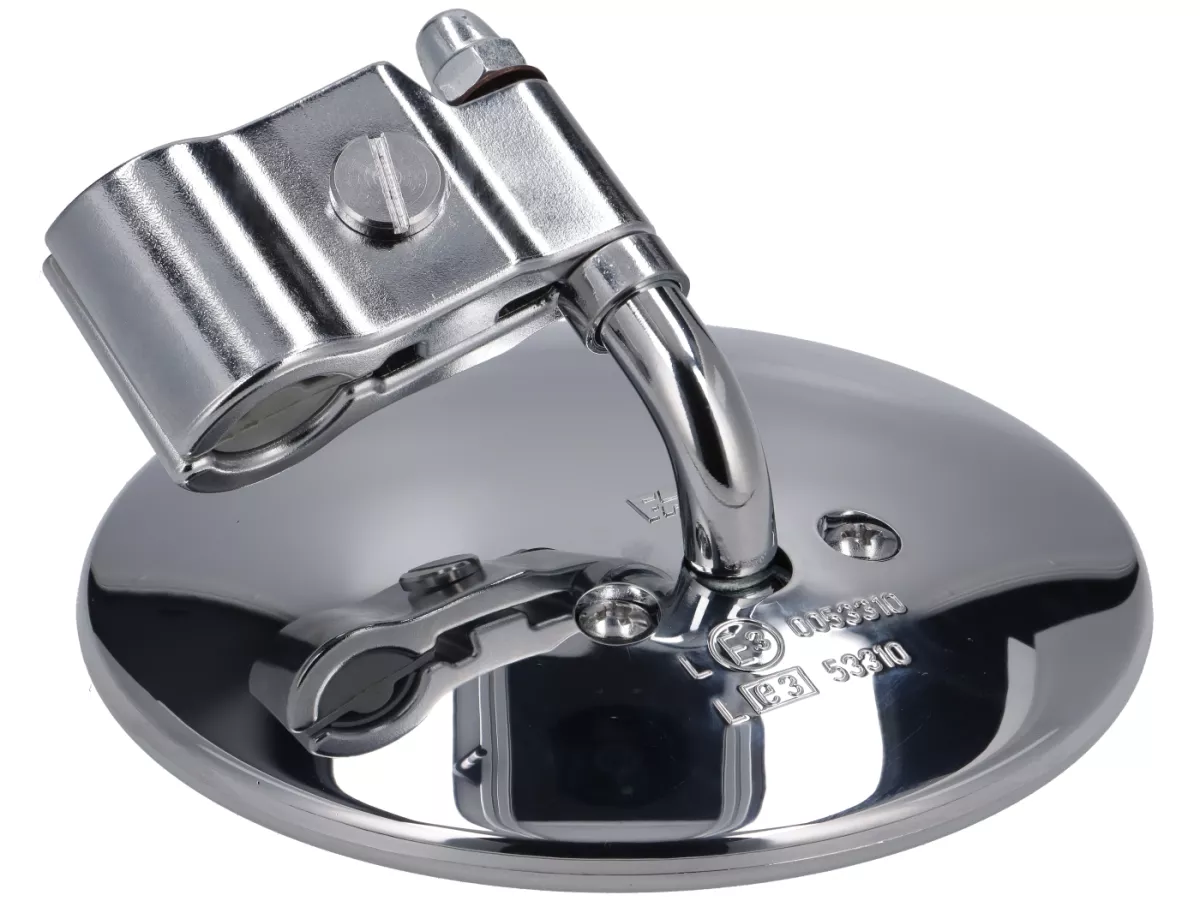 Mirror - FAR Leg Shield Clamp-On Mirror, Short Arm - Vespa/Lambretta Universal - Round, Ø=115mm - (E-mark) - Chrome