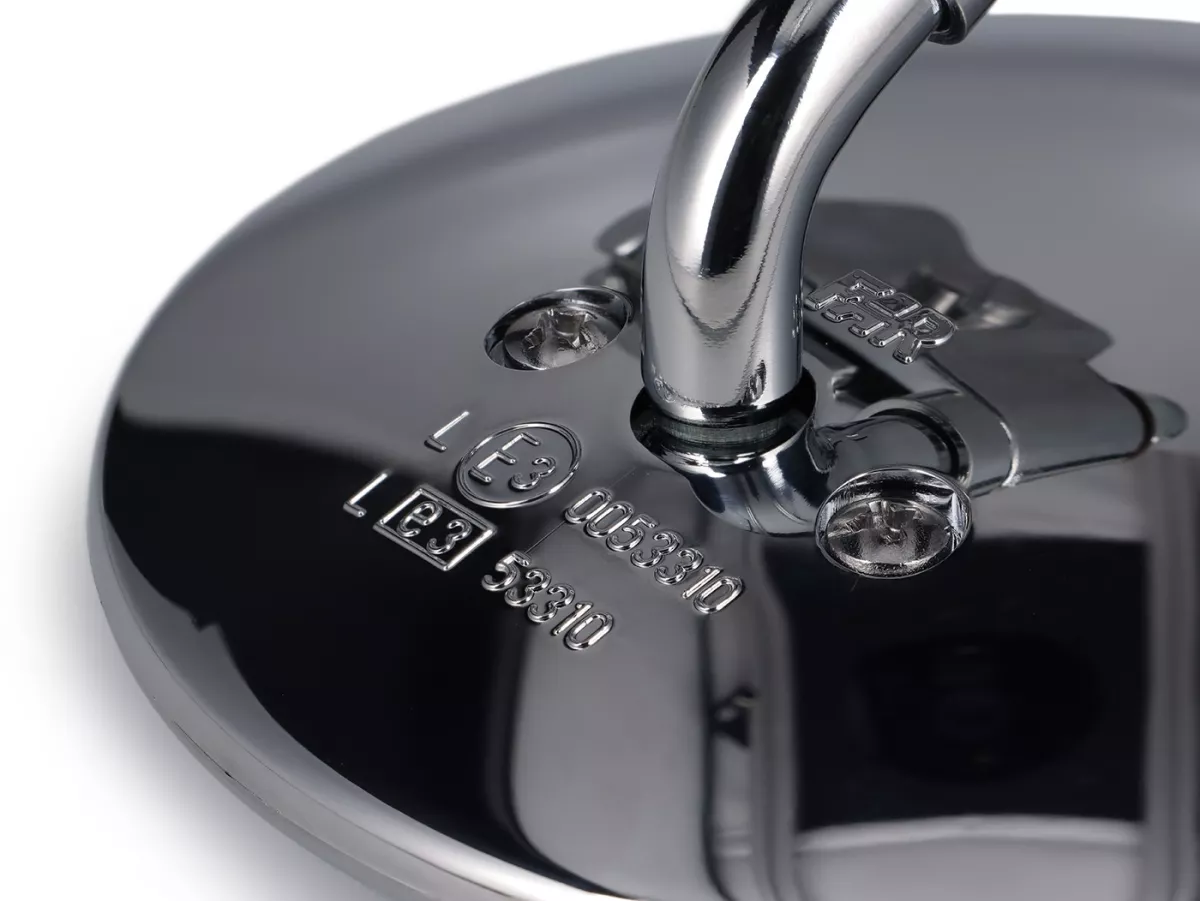 Mirror - FAR Leg Shield Clamp-On Mirror, Short Arm - Vespa/Lambretta Universal - Round, Ø=115mm - (E-mark) - Chrome