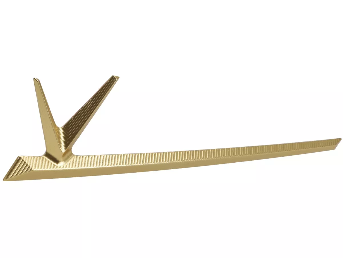Front emblem by TR Factory, CNC-machined V-emblem, gold, for Vespa GTS, GTS Super, GTV, GT 60, GT, GT L, Sprint, Primavera, 946