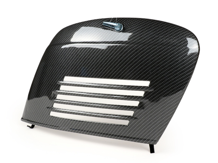 Engine side door panel rhs -CIF carbon look- Vespa V50 (V5A1T, 92877-), V50 S (V5SA1T,15325-), V90 (22234-), SS50, SS90, PV125, ET3 - with lever