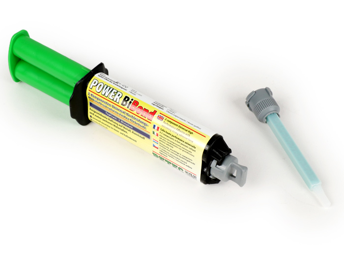 Adhesivo de 2 componentes -POWER BiBond- jeringa doble de 24 ml que incluye tubo mezclador - resistente al aceite, combustible y productos químicos