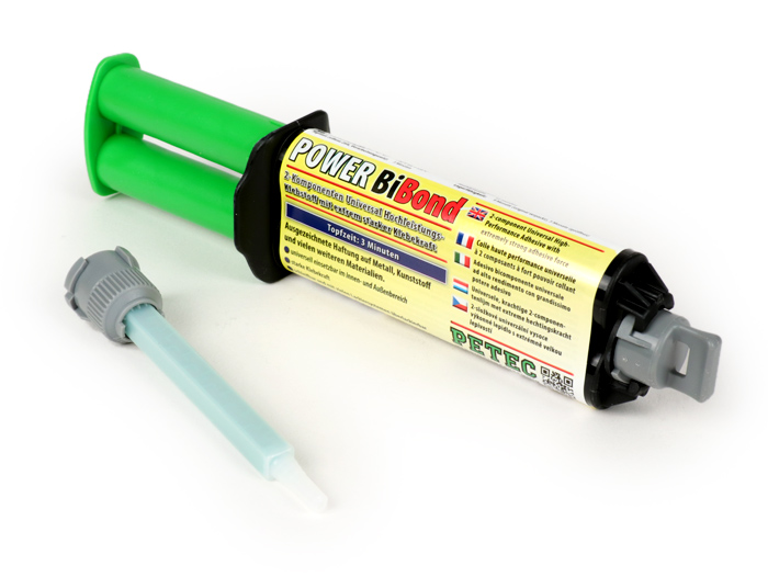 Adhesivo de 2 componentes -POWER BiBond- jeringa doble de 24 ml que incluye tubo mezclador - resistente al aceite, combustible y productos químicos