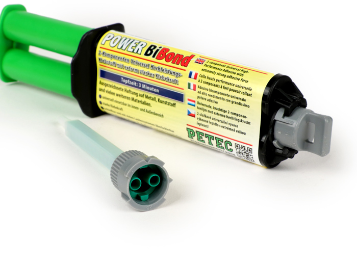 Adhesivo de 2 componentes -POWER BiBond- jeringa doble de 24 ml que incluye tubo mezclador - resistente al aceite, combustible y productos químicos