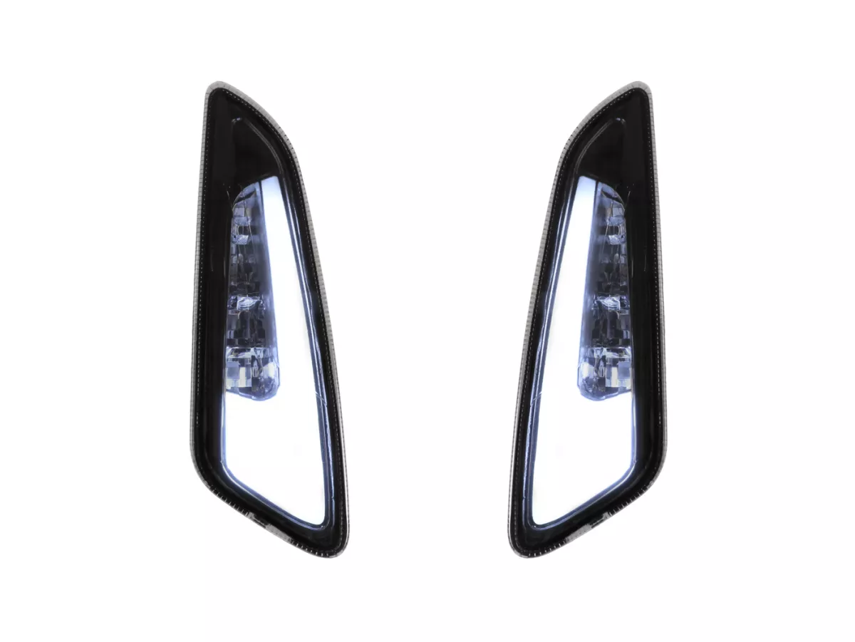 Richtingaanwijzerset -POWER 1 LED 2.0 dagrijlicht (E-markering)- Vespa Primavera, Sprint - gerookt / zwart getint - voorzijde - helder glas