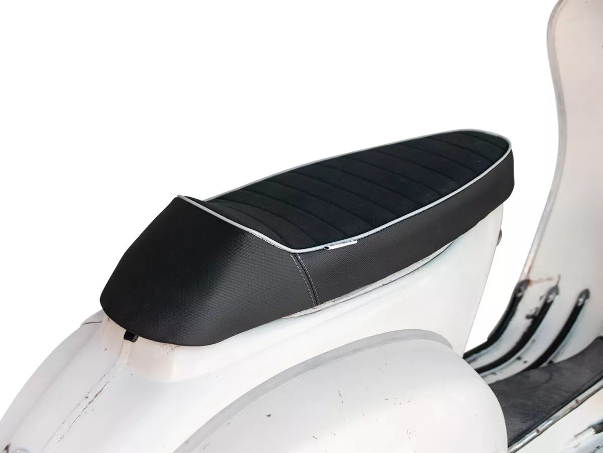 Seat -PLC CORSE Touring, made by NISA ITALY- Vespa PX - also fits Vespa Sprint, GT, GTR, Super, TS, GL, VNA, VBA, VNB, VBB, T4 - with flat fuel tank also fits Rally 180/200, GS160, SS180 - without lock