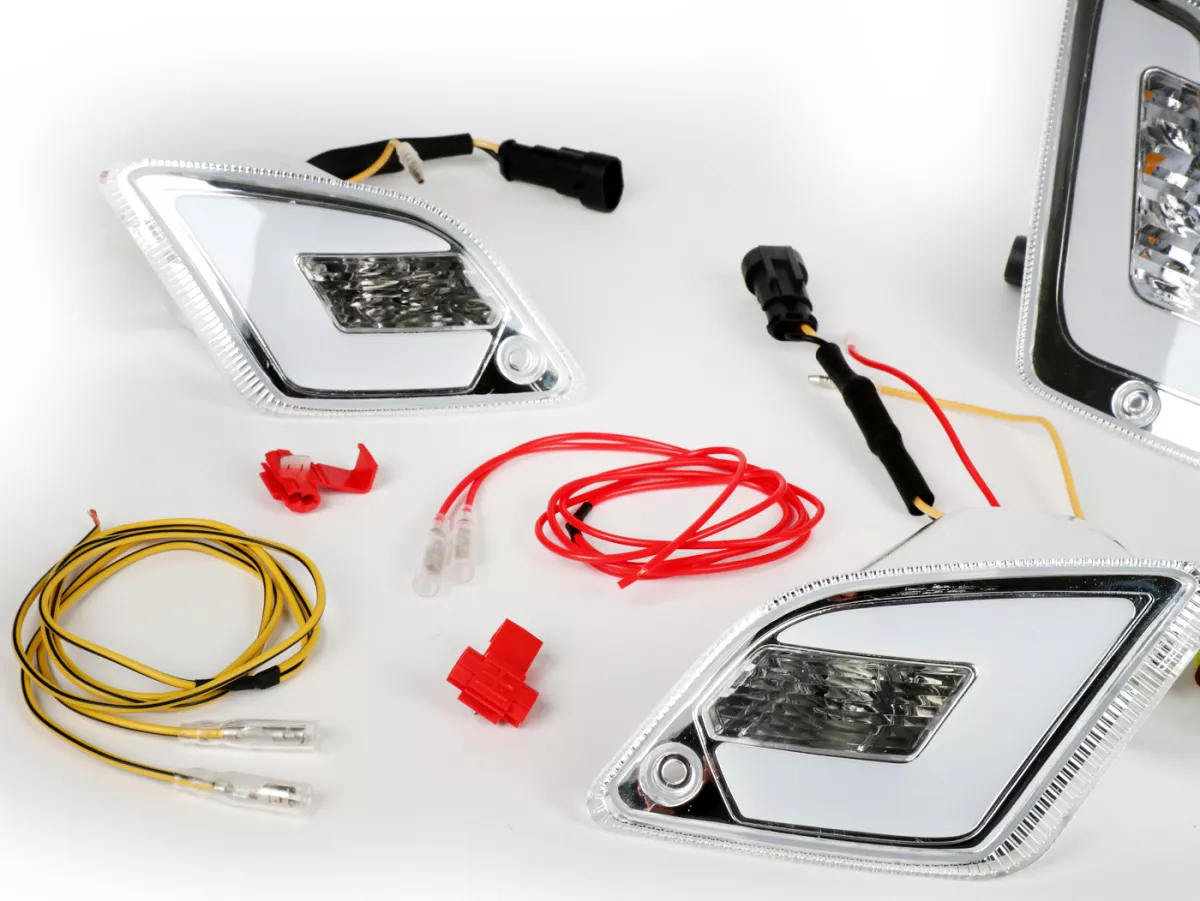 Set indikator depan + belakang -POWER 1 LED (dari tahun 2014) Lampu penerangan siang hari depan + lampu posisi belakang (E-mark) - Vespa GT, GTL, GTV, GTS 125-300 - putih