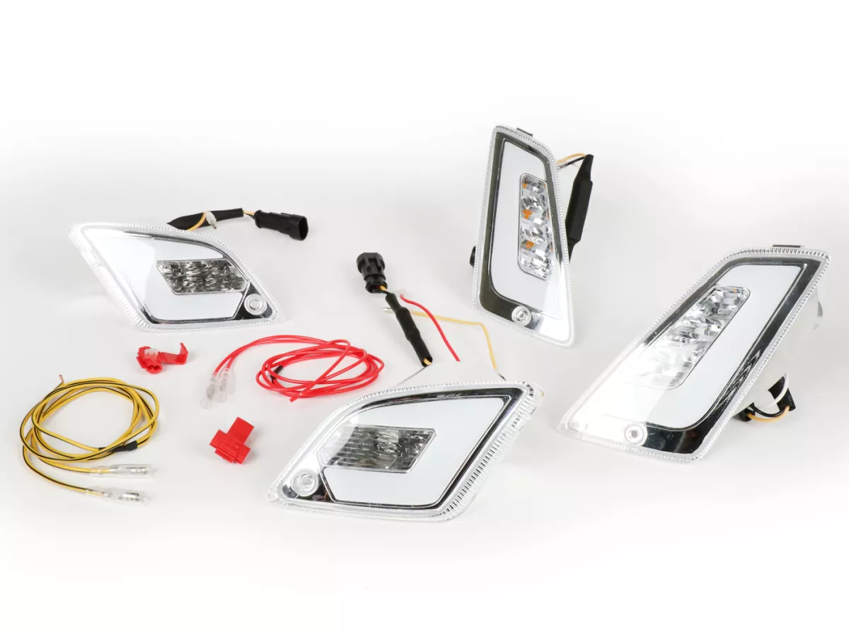 Set indikator depan + belakang -POWER 1 LED (dari tahun 2014) Lampu penerangan siang hari depan + lampu posisi belakang (E-mark) - Vespa GT, GTL, GTV, GTS 125-300 - putih