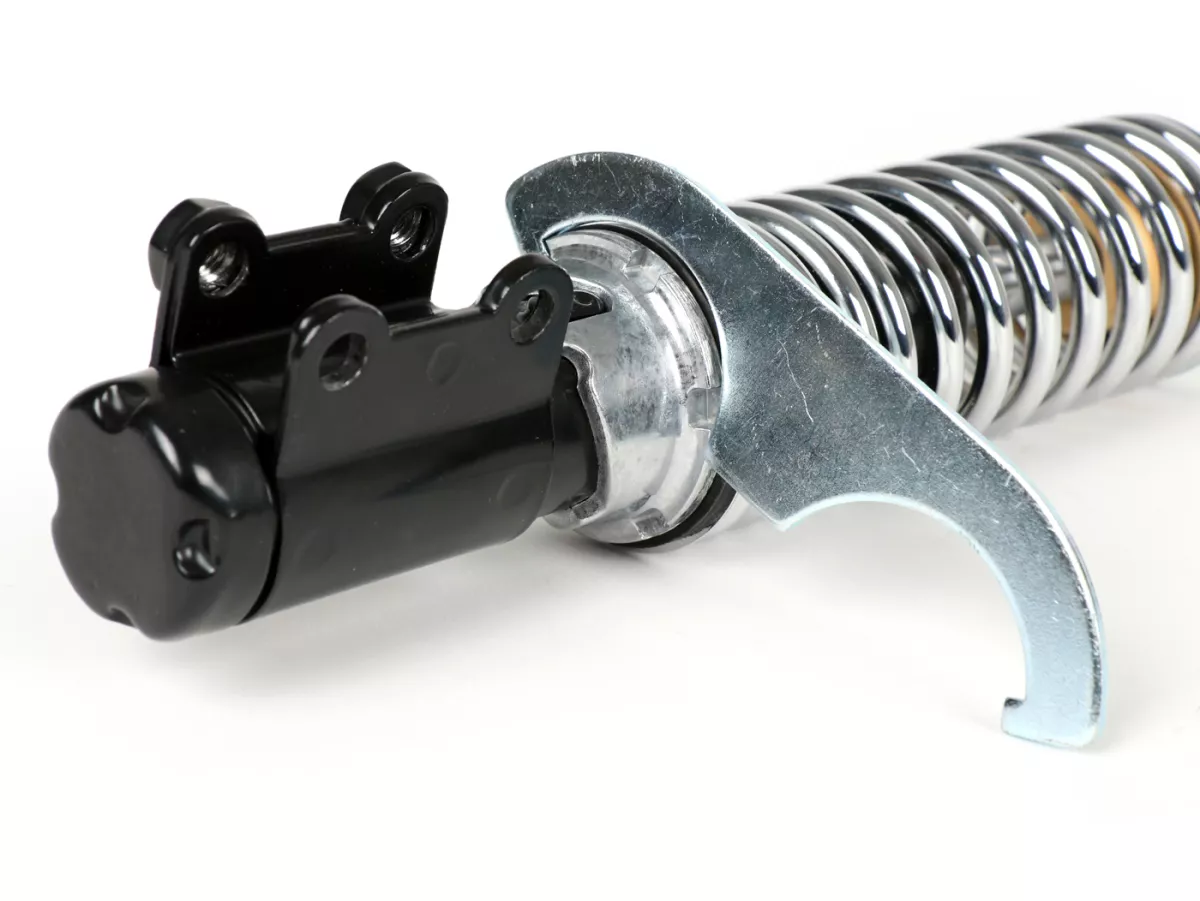 Ammortizzatore anteriore -CARBONE SPORT, regolabile, 210mm (-2014)- Vespa ET4, LX50, LX 125, LX150, LXV50, LXV125, S50, S125, S150 - molla nera / cromata
