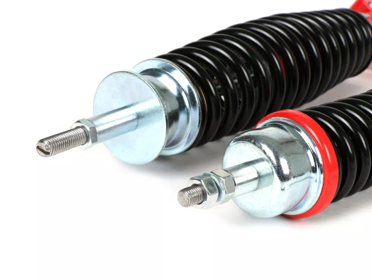 Set ammortizzatori incl. gommini silenziosi -CARBONE SPORT, regolabile- Vespa PK50 S/XL (versioni italiane, forcella tipo V50/PV)