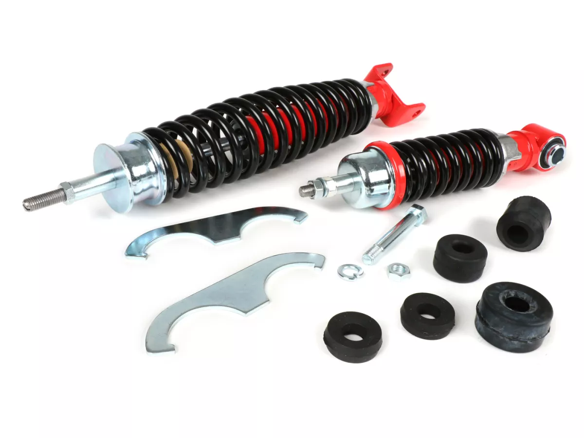 Set ammortizzatori incl. gommini silenziosi -CARBONE SPORT, regolabile- Vespa PK50 S/XL (versioni italiane, forcella tipo V50/PV)