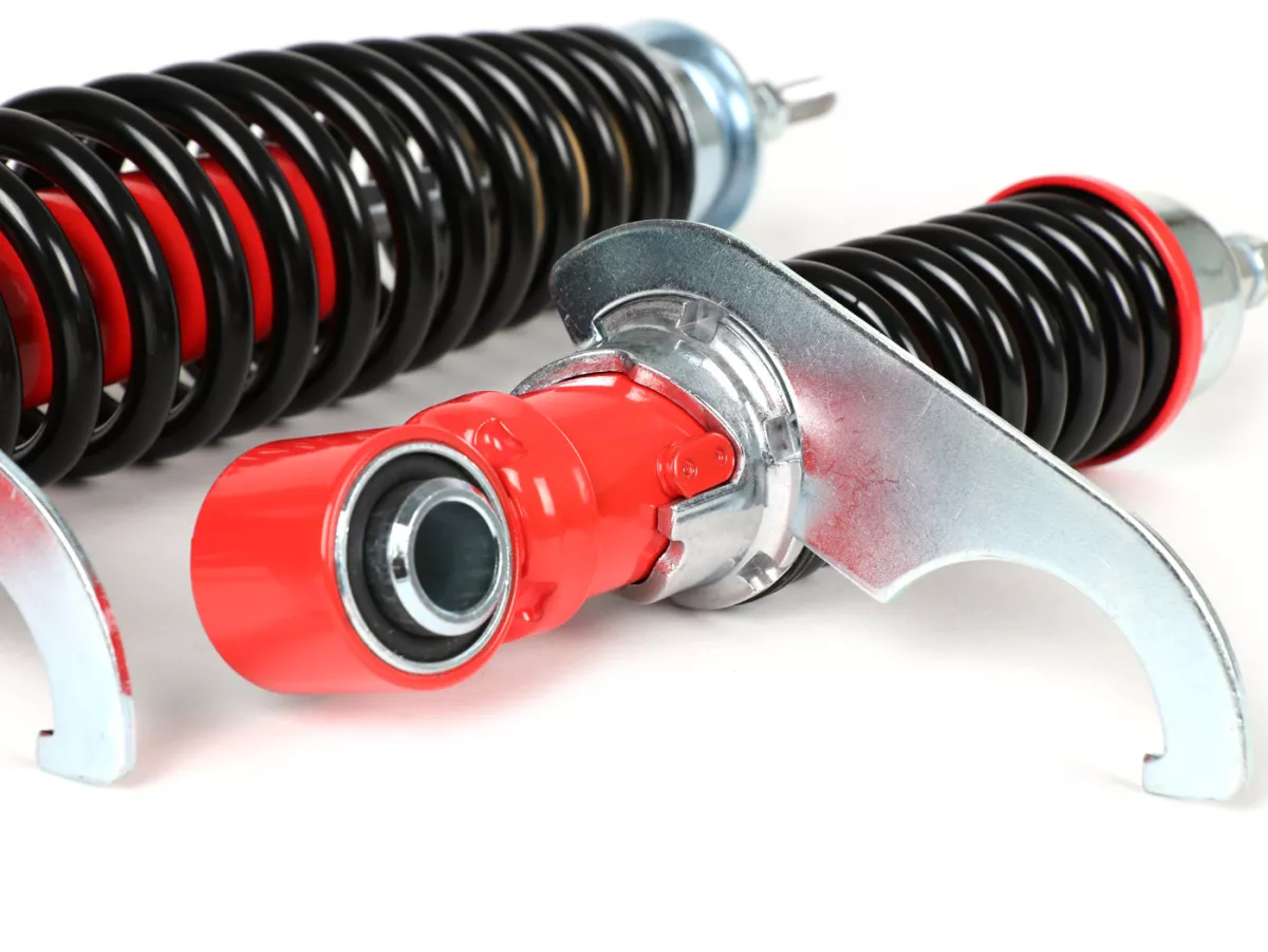 Set ammortizzatori incl. gommini silenziosi -CARBONE SPORT, regolabile- Vespa PK50 S/XL (versioni italiane, forcella tipo V50/PV)