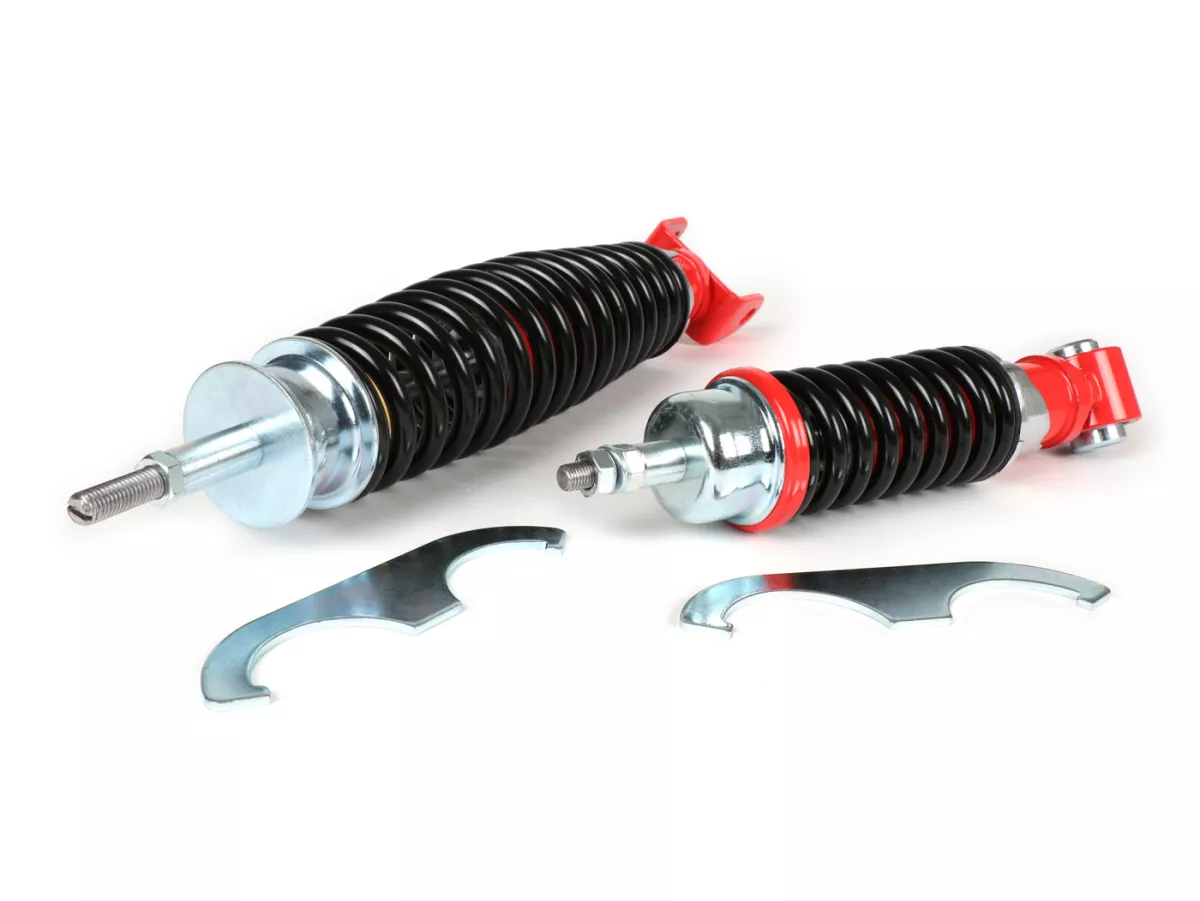 Set ammortizzatori incl. gommini silenziosi -CARBONE SPORT, regolabile- Vespa PK50 S/XL (versioni italiane, forcella tipo V50/PV)