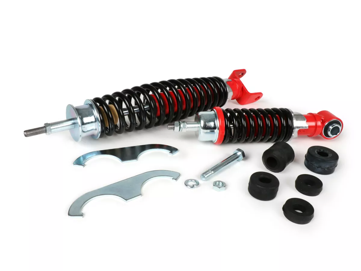 Set ammortizzatori incl. gommini silenziosi -CARBONE SPORT, regolabile- Vespa PK50 S/XL (versioni italiane, forcella tipo V50/PV)