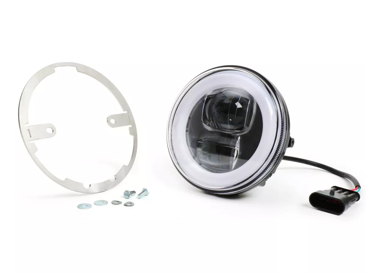 Faro delantero incl. marco de montaje -MOTO NOSTRA- LED HighPower - Ø=120mm - 12V DC - marcado E9 - para conversión de Lambretta LI (series 1-2)