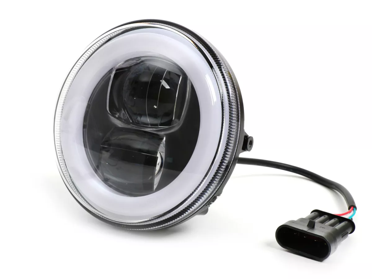 Faro delantero incl. marco de montaje -MOTO NOSTRA- LED HighPower - Ø=120mm - 12V DC - marcado E9 - para conversión de Lambretta LI (series 1-2)