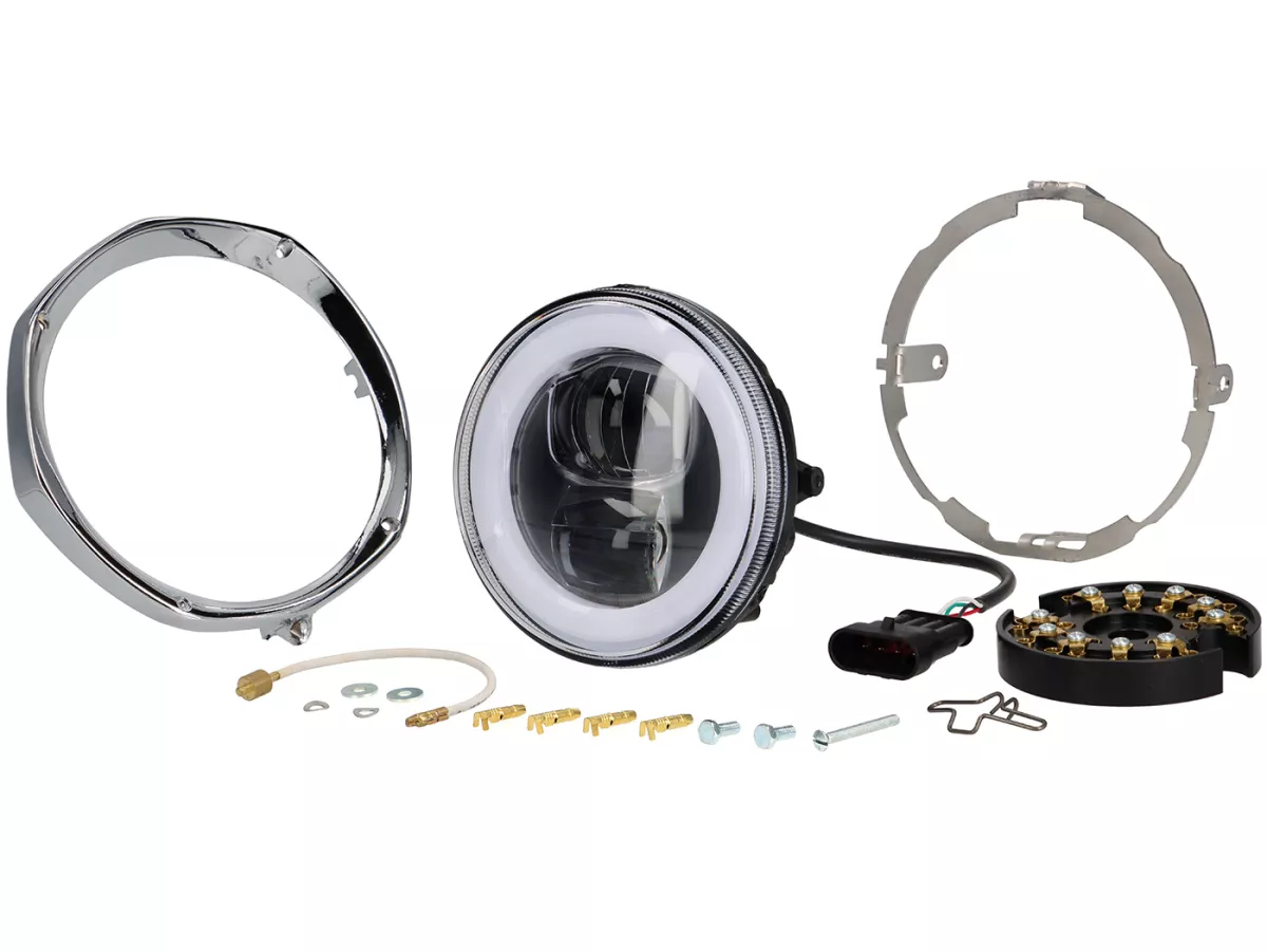 Faro delantero incl. marco de montaje -MOTO NOSTRA- LED HighPower - Ø=120mm - 12V DC - marcado E9 - para conversión de Lambretta LI, LIS, SX, TV (Serie 3)