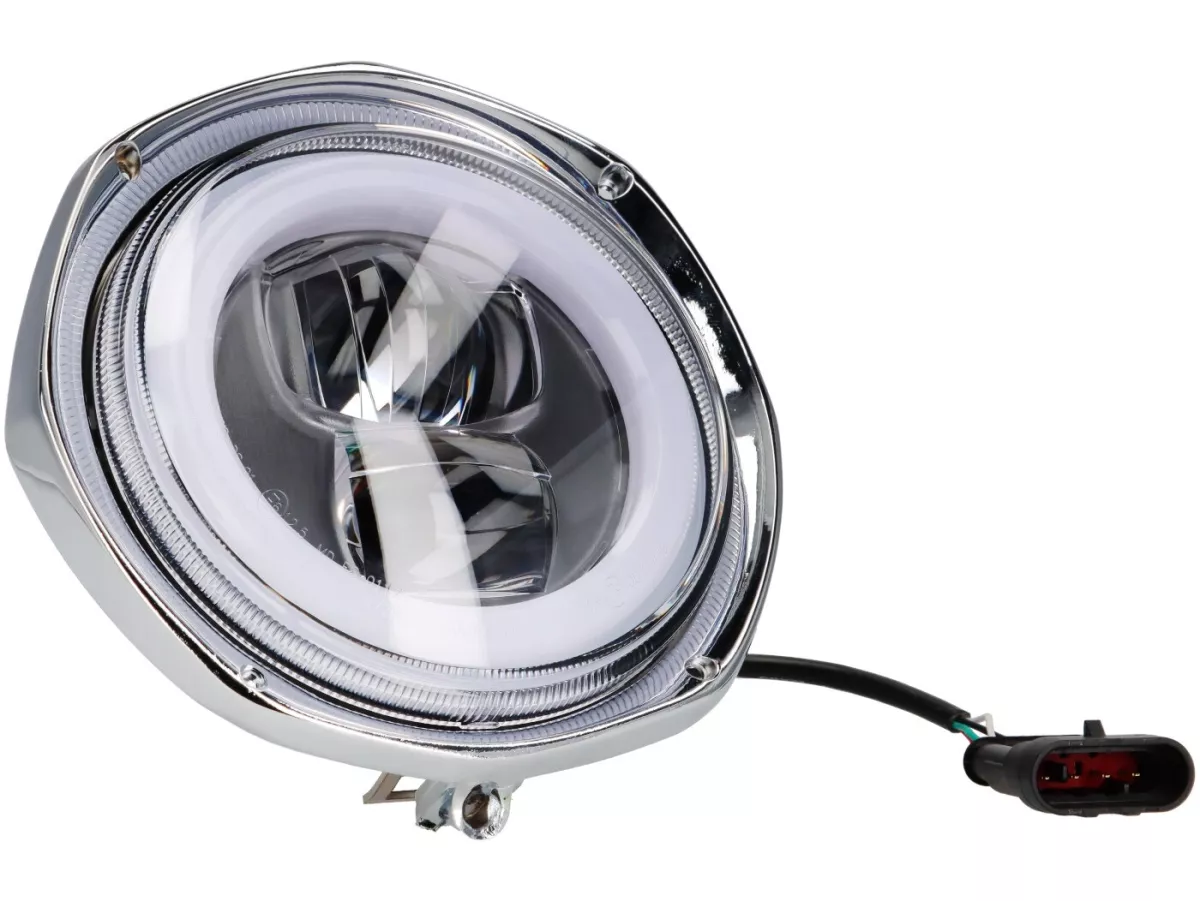 Faro delantero incl. marco de montaje -MOTO NOSTRA- LED HighPower - Ø=120mm - 12V DC - marcado E9 - para conversión de Lambretta LI, LIS, SX, TV (Serie 3)