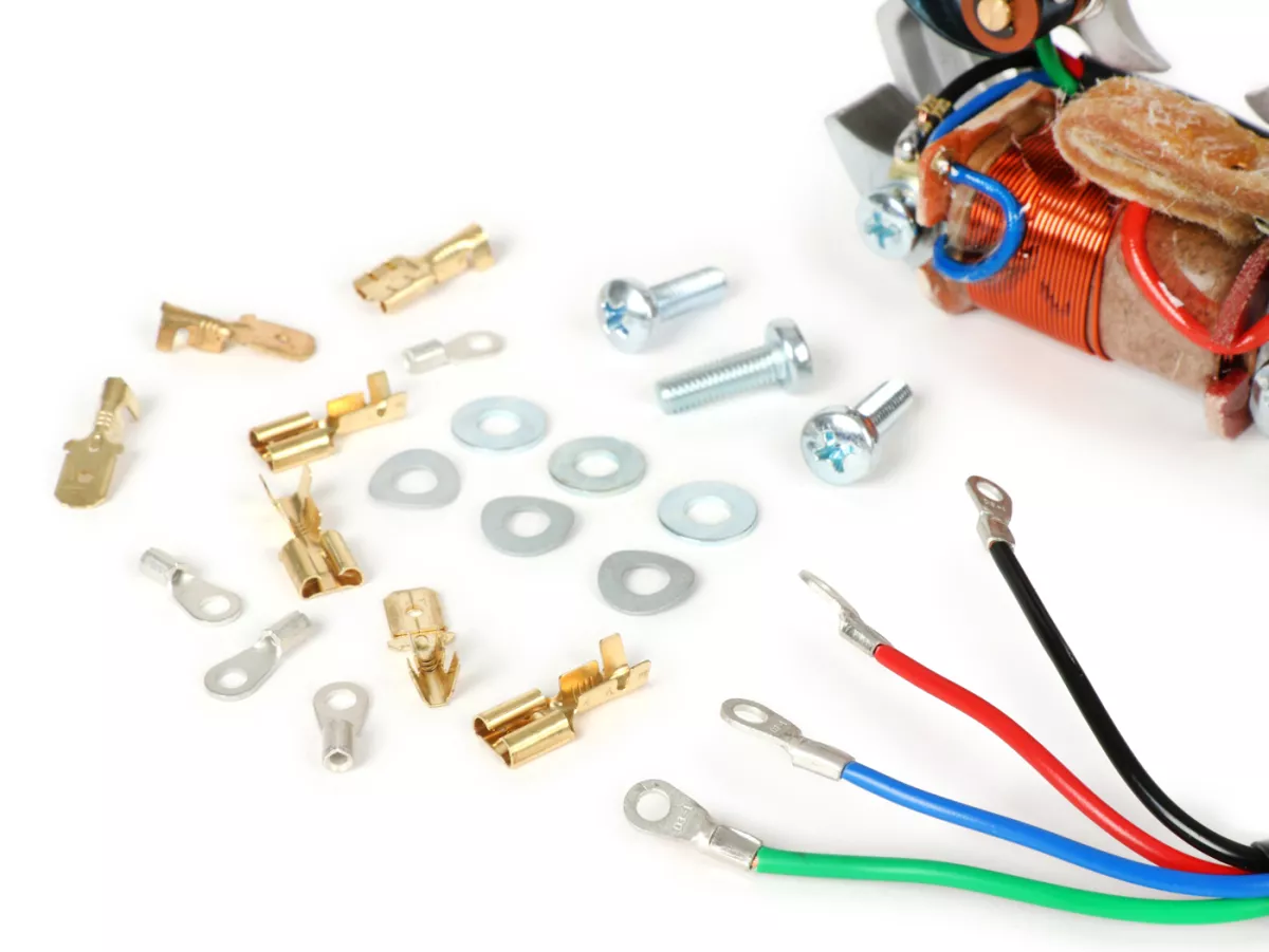 Encendido -placa baseVESPA (encendido por contacto, 4 cables, 6V 15W, 2 bobinas, contactos cortos)- Vespa V50 - 50 R (V5A1T 853411-), 50 Special (V5B1T 70567-), 50 Special (V5B3T) - bobina de encendido externa, con función de luz de freno