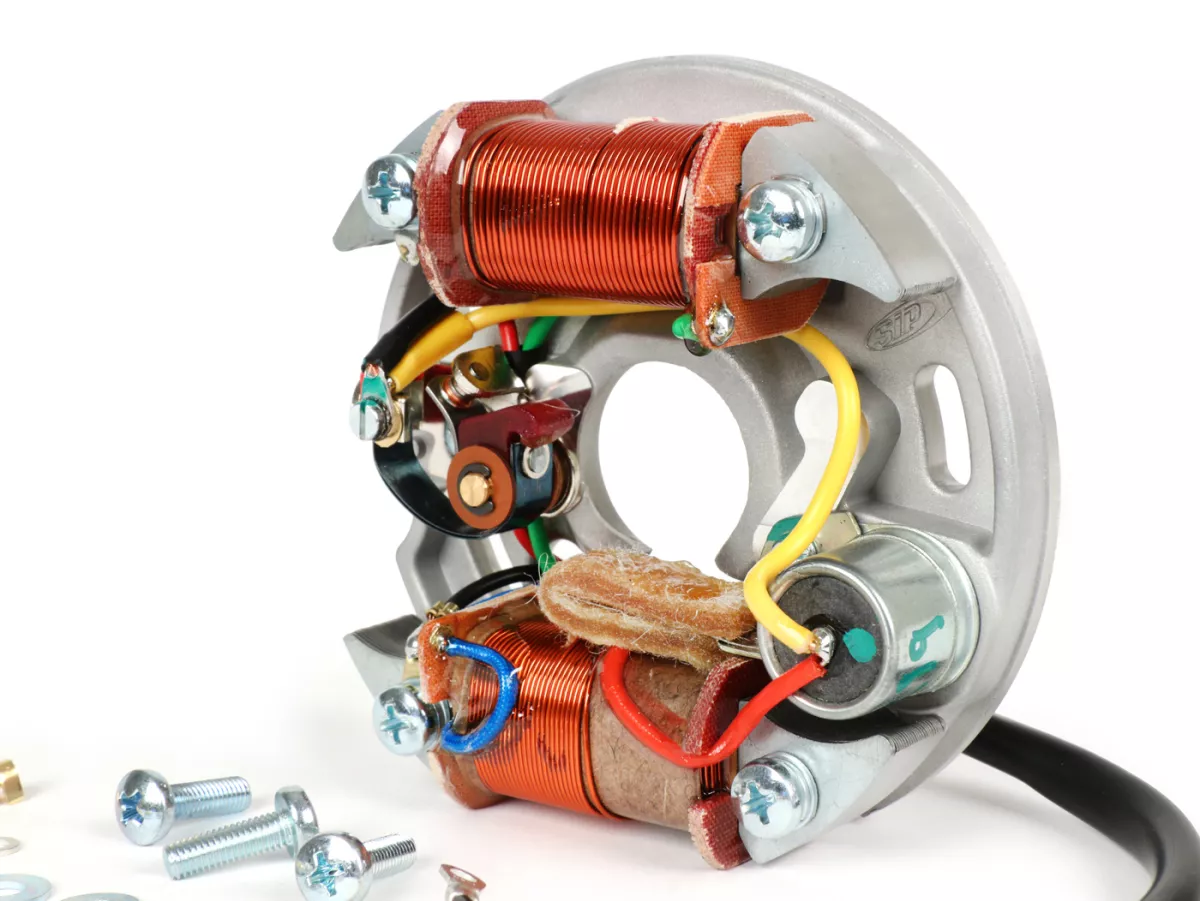 Encendido -placa baseVESPA (encendido por contacto, 4 cables, 6V 15W, 2 bobinas, contactos cortos)- Vespa V50 - 50 R (V5A1T 853411-), 50 Special (V5B1T 70567-), 50 Special (V5B3T) - bobina de encendido externa, con función de luz de freno