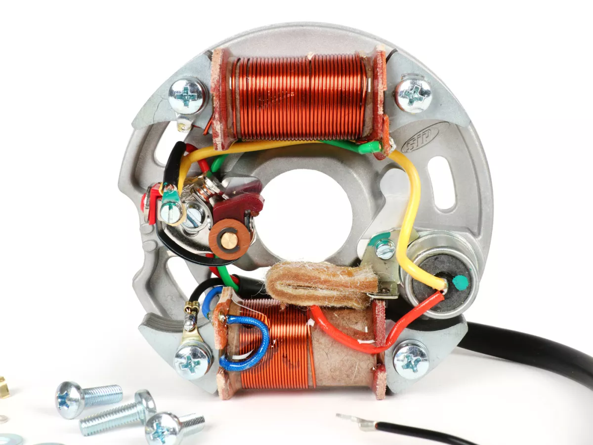 Encendido -placa baseVESPA (encendido por contacto, 4 cables, 6V 15W, 2 bobinas, contactos cortos)- Vespa V50 - 50 R (V5A1T 853411-), 50 Special (V5B1T 70567-), 50 Special (V5B3T) - bobina de encendido externa, con función de luz de freno