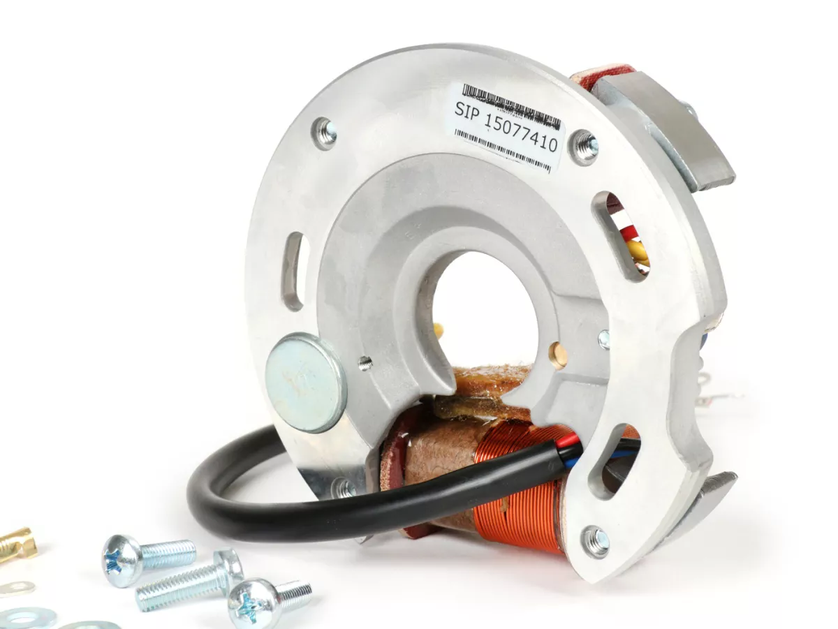 Encendido -placa baseVESPA (encendido por contacto, 4 cables, 6V 15W, 2 bobinas, contactos cortos)- Vespa V50 - 50 R (V5A1T 853411-), 50 Special (V5B1T 70567-), 50 Special (V5B3T) - bobina de encendido externa, con función de luz de freno