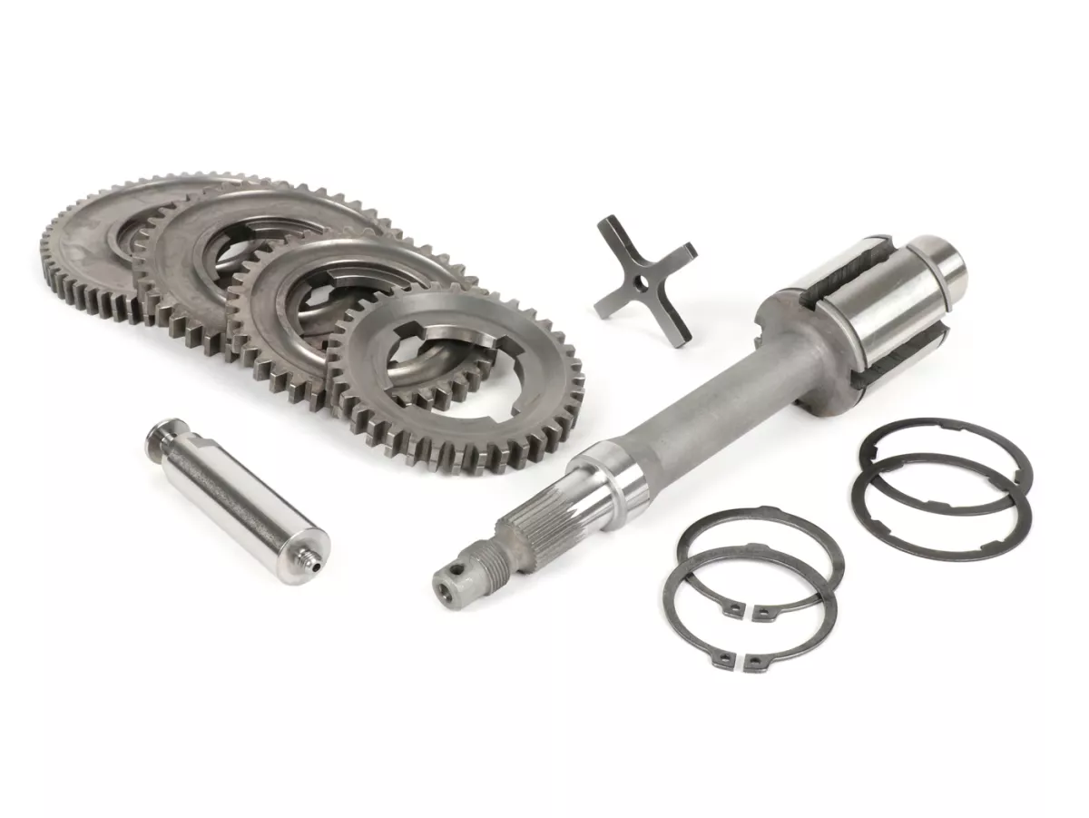 Gearbox (gear cogs incl. drive shaft) -PIAGGIO 200ccm- Vespa PX200 EFL, Disc, My (1984-) - PX125 (VNX2T 232053-, ZAPM), PX150 (VLX1T 624602-, ZAPM), PX200 (VSX1T 315267-), Cosa, T5 125cc, LML Star 2-stroke, Stella 2-stroke - 12/57, 13/42, 17/38, 21/35 tee