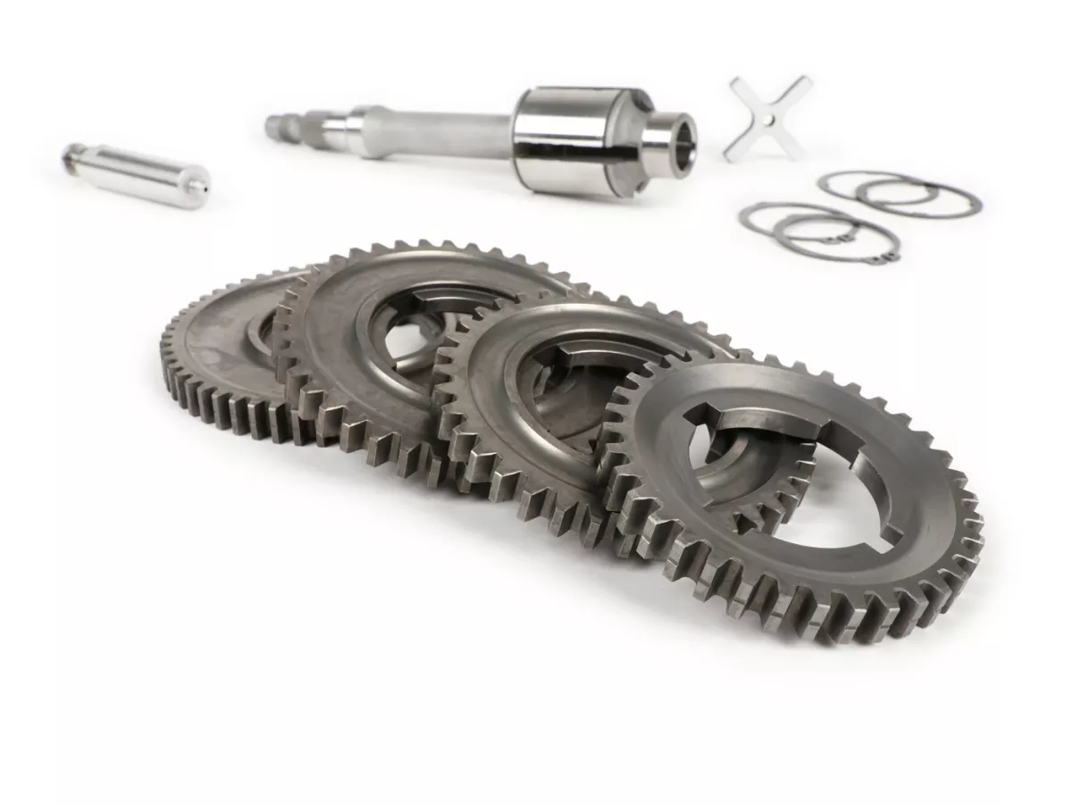 Gearbox (gear cogs incl. drive shaft) -PIAGGIO 200ccm- Vespa PX200 EFL, Disc, My (1984-) - PX125 (VNX2T 232053-, ZAPM), PX150 (VLX1T 624602-, ZAPM), PX200 (VSX1T 315267-), Cosa, T5 125cc, LML Star 2-stroke, Stella 2-stroke - 12/57, 13/42, 17/38, 21/35 tee