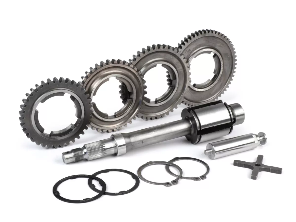 Versnellingsbak (tandwielen incl. hoofdas, schakelkruis, schakelbout) -OEM KWALITEIT- Vespa PX125-200 Lusso (1984-), Cosa, T5, LML Star/Stella (2-takt) - 58/42/38/35 tanden