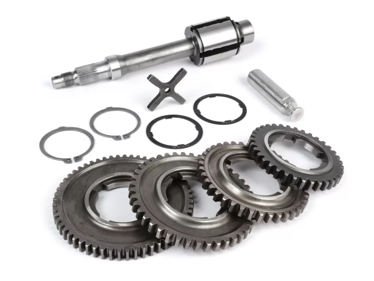 Versnellingsbak (tandwielen incl. hoofdas, schakelkruis, schakelbout) -OEM KWALITEIT- Vespa PX125-200 Lusso (1984-), Cosa, T5, LML Star/Stella (2-takt) - 58/42/38/35 tanden