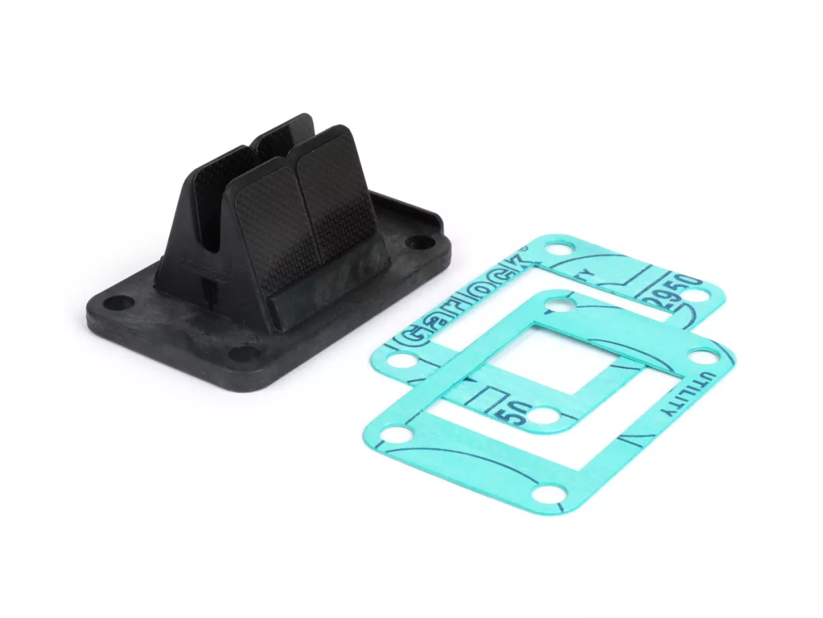 Reed valve -TASSINARI VForce 3 (77x49x35mm)- Minarelli AM6, Derbi D50B0/D50B1 - Aprilia MX50, RS50, RS4, RX50, SX50, Tuono50, Derbi Senda50, GPR50, Peugeot XPS50, XR6, XR7, Rieju RS2, Yamaha DT50, TRZ50 - Vespa Largeframe (Malossi), Smallframe (Malossi)