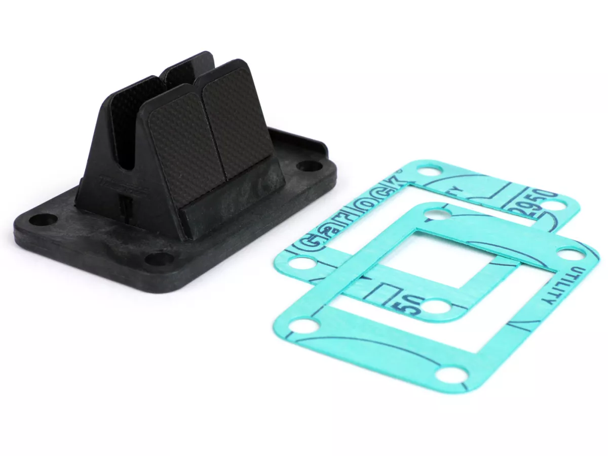 Reed valve -TASSINARI VForce 3 (77x49x35mm)- Minarelli AM6, Derbi D50B0/D50B1 - Aprilia MX50, RS50, RS4, RX50, SX50, Tuono50, Derbi Senda50, GPR50, Peugeot XPS50, XR6, XR7, Rieju RS2, Yamaha DT50, TRZ50 - Vespa Largeframe (Malossi), Smallframe (Malossi)