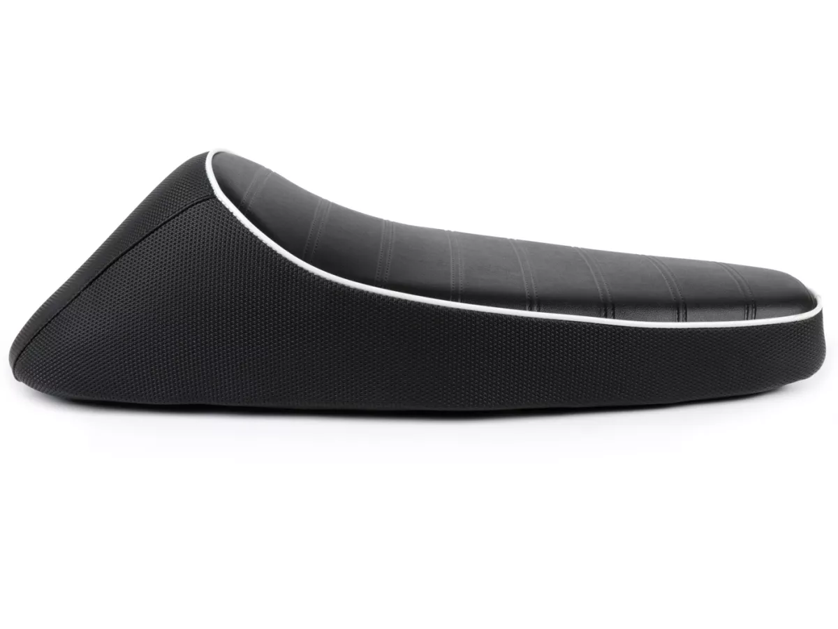 Seat -NISA Corsa- Vespa PX - also fits Vespa Sprint, GT, GTR, Super, TS, GL, VNA, VBA, VNB, VBB, T4 - without lock - Black with white piping