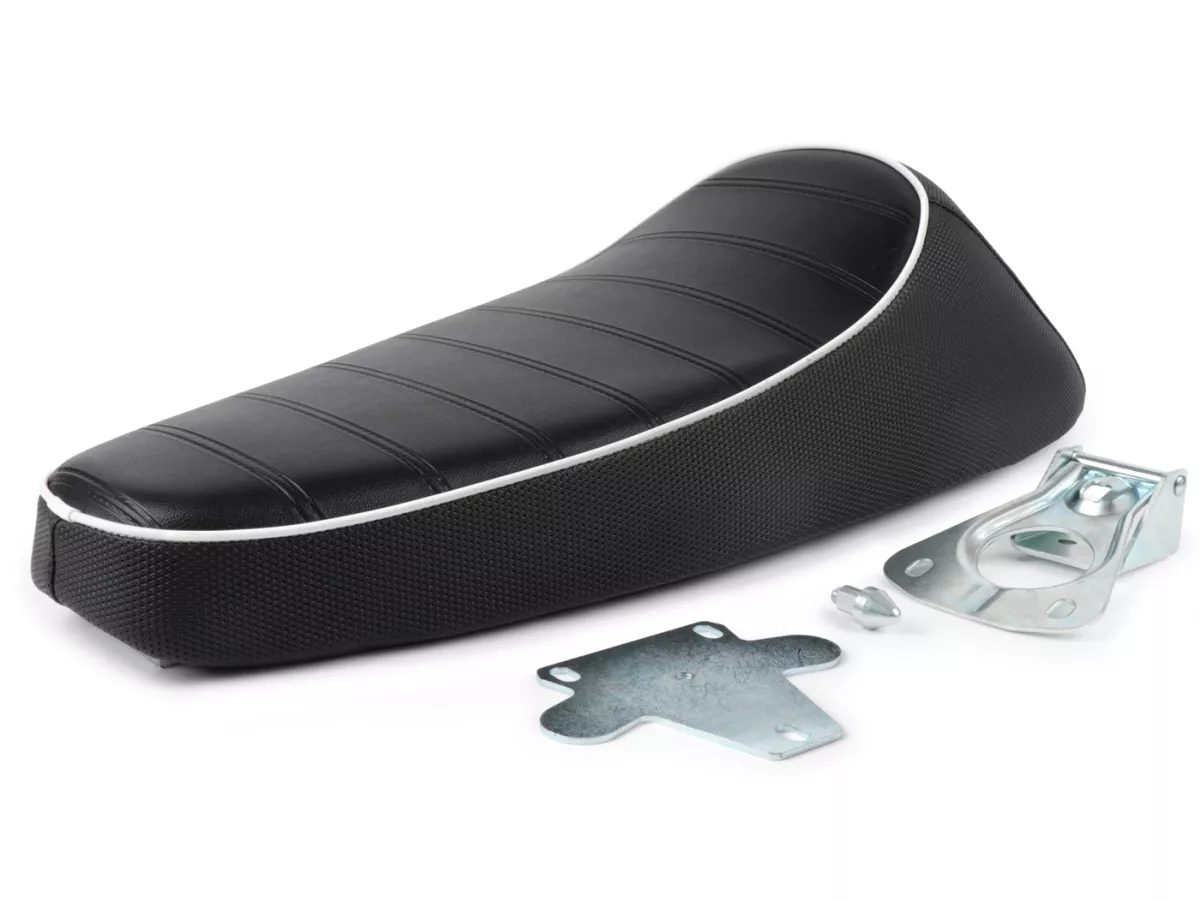 Seat -NISA Corsa- Vespa PX - also fits Vespa Sprint, GT, GTR, Super, TS, GL, VNA, VBA, VNB, VBB, T4 - without lock - Black with white piping