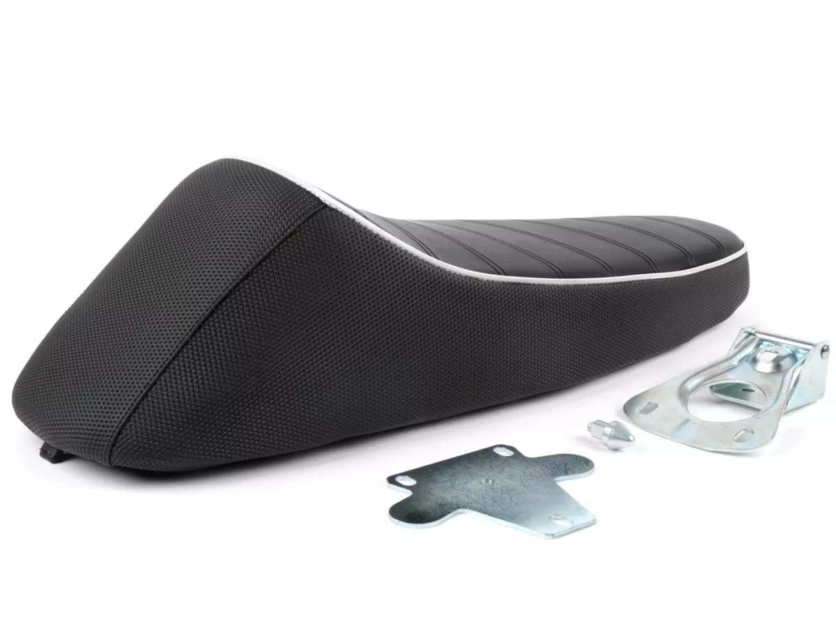 Seat -NISA Corsa- Vespa PX - also fits Vespa Sprint, GT, GTR, Super, TS, GL, VNA, VBA, VNB, VBB, T4 - without lock - Black with white piping