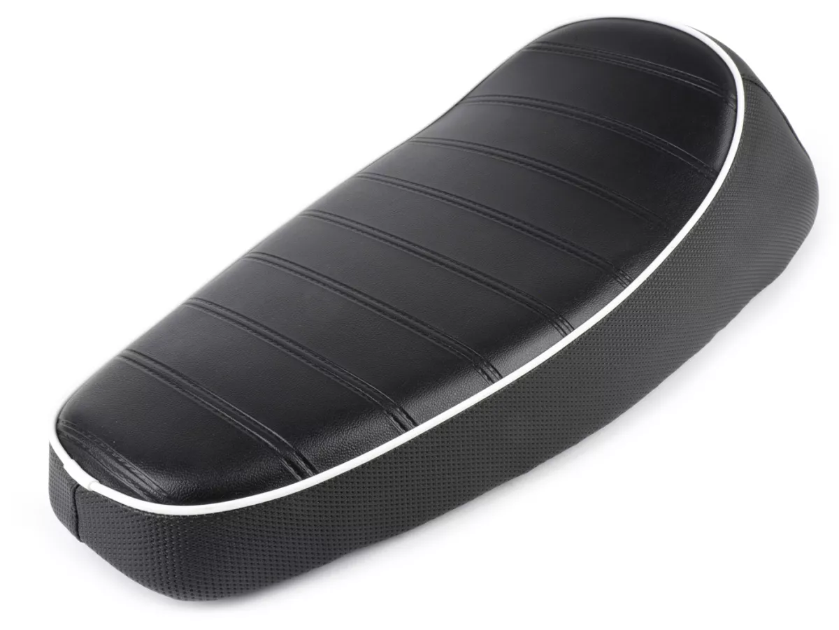 Seat -NISA Corsa- Vespa PX - also fits Vespa Sprint, GT, GTR, Super, TS, GL, VNA, VBA, VNB, VBB, T4 - without lock - Black with white piping