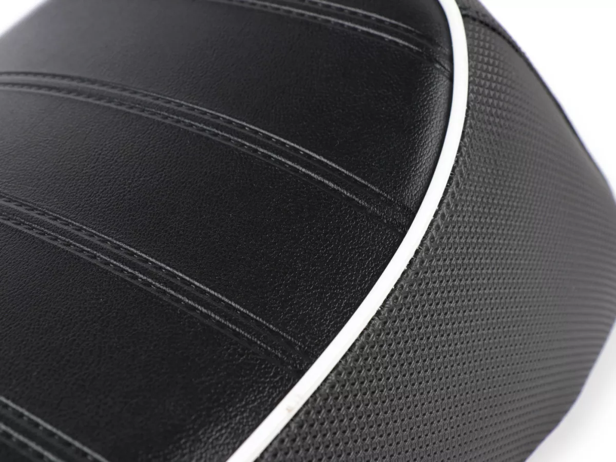 Seat -NISA Corsa- Vespa PX - also fits Vespa Sprint, GT, GTR, Super, TS, GL, VNA, VBA, VNB, VBB, T4 - without lock - Black with white piping