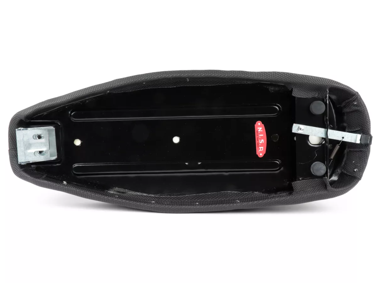 Seat -NISA Corsa- Vespa PX - also fits Vespa Sprint, GT, GTR, Super, TS, GL, VNA, VBA, VNB, VBB, T4 - without lock - Black with white piping