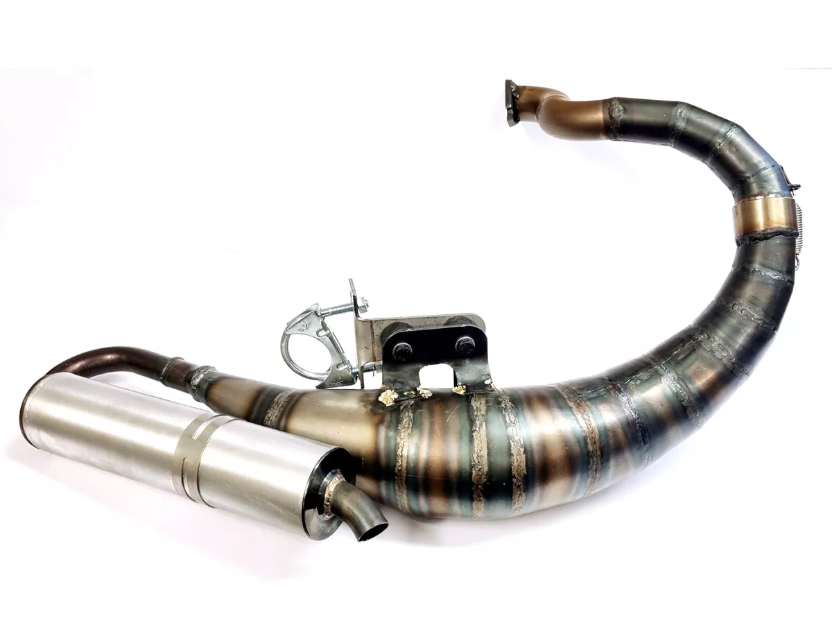 Avgasrör -EGIG PERFORMANCE Unisex 125-170cc, Ø=32mm (54-60mm dubbavstånd), bultad XXL bakre ljuddämpare (Ø70mm) - Vespa ET3, PV125 (även lämplig för fordon med bagageutrymme i vänster sidokåpa)