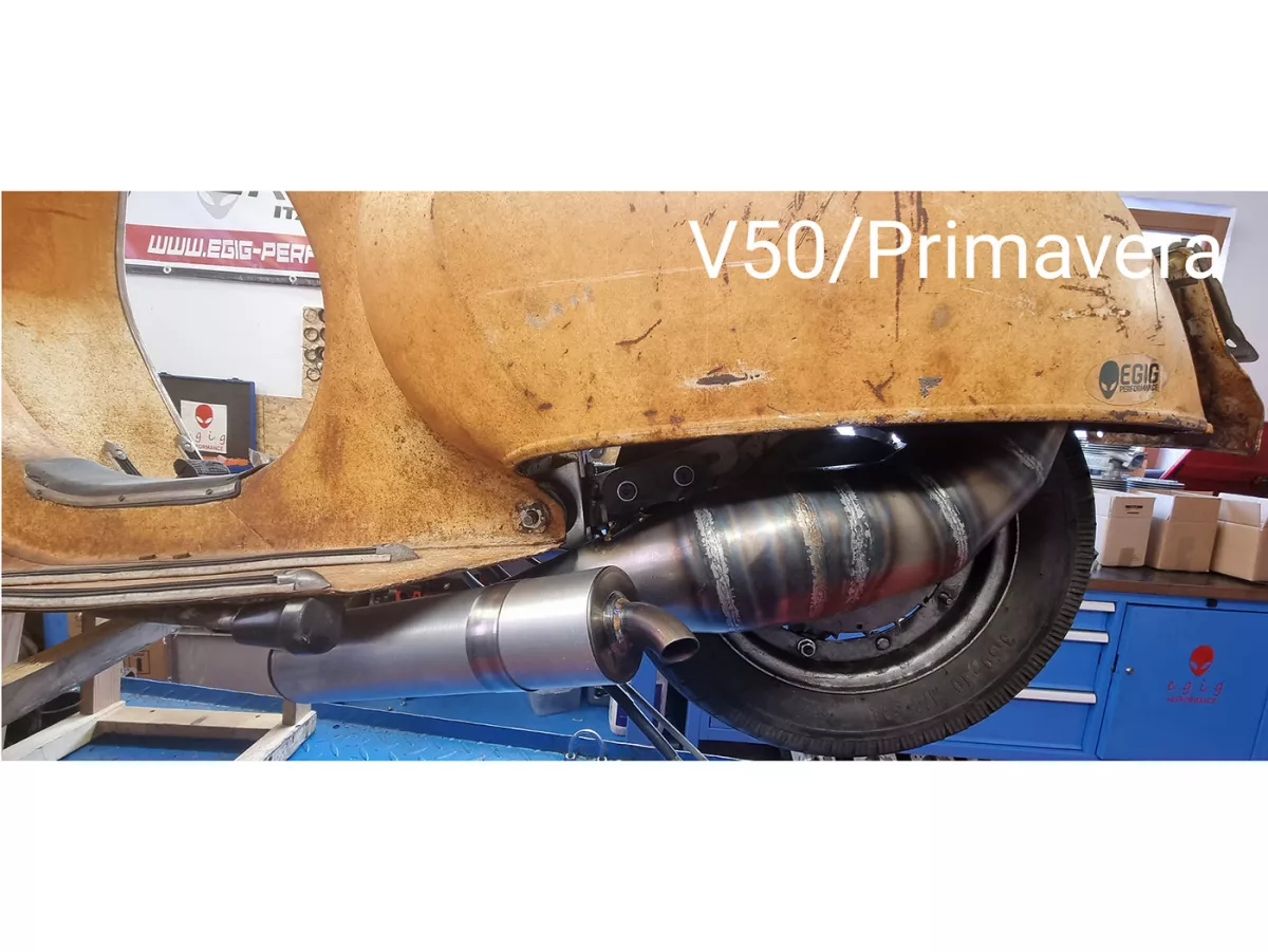 Avgasrör -EGIG PERFORMANCE Unisex 125-170cc, Ø=32mm (54-60mm dubbavstånd), bultad XXL bakre ljuddämpare (Ø70mm) - Vespa ET3, PV125 (även lämplig för fordon med bagageutrymme i vänster sidokåpa)