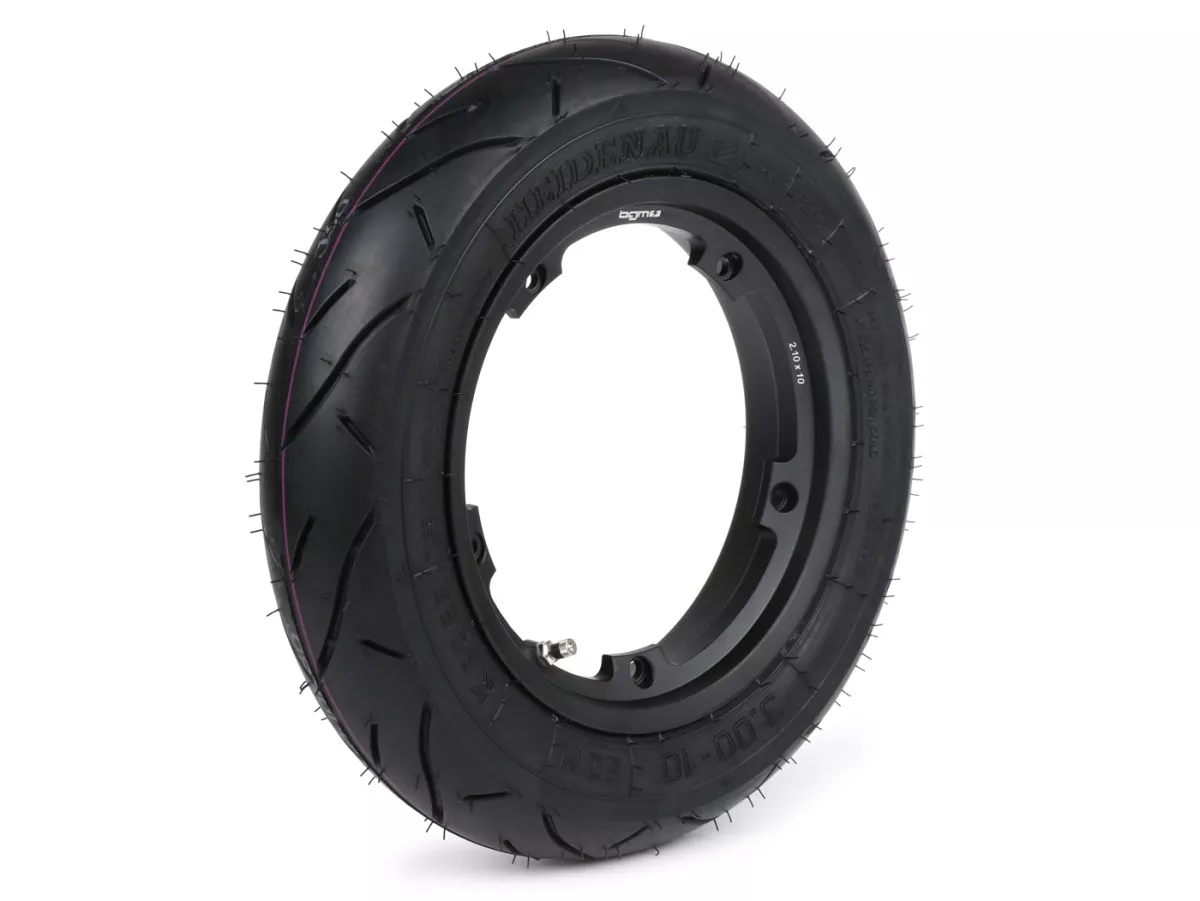 Roda lengkap (ban siap pakai yang dipasang pada pelek) -HEIDENAU K80SR, tubeless, Vespa Smallframe V50, PV, ET3, PK- 3.00 - 10 inci TL 50M (diperkuat) - pelek BGM PRO 2.10-10 alumunium hitam